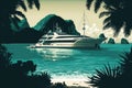 luxury yacht at anchor in quiet bay, with exotic beach and palm trees in the background