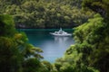 luxury yacht at anchor in secluded cove, surrounded by lush foliage