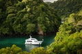 luxury yacht at anchor in secluded cove, surrounded by lush foliage