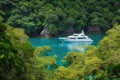 luxury yacht at anchor in secluded cove, surrounded by lush foliage