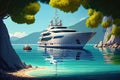 luxury yacht anchored in calm waters, with view of distant shoreline