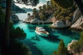 luxury yacht anchored in idyllic secluded bay with clear blue water