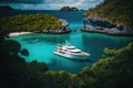 luxury yacht anchored in idyllic secluded bay with clear blue water