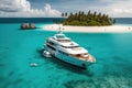 luxury yacht anchored off tropical island, with crystal blue water and sandy beach Royalty Free Stock Photo