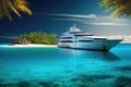 luxury yacht anchored off tropical island, with crystal blue water and sandy beach Royalty Free Stock Photo