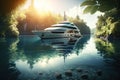 luxury yacht anchored in peaceful lagoon with tropical sun shining