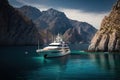 luxury yacht anchored in quiet bay with view of majestic mountains