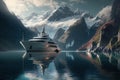 luxury yacht anchored in quiet bay with view of majestic mountains