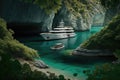 luxury yacht anchored in secluded cove, surrounded by lush greenery