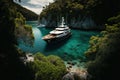 luxury yacht anchored in secluded cove, surrounded by lush greenery