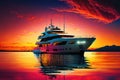 luxury yacht anchored in tranquil bay, with colorful sunset sky