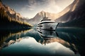 luxury yacht anchored on tranquil, serene lake