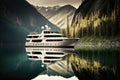 luxury yacht anchored on tranquil, serene lake