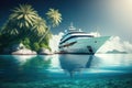 luxury yacht anchored in tropical lagoon with palm trees in the background