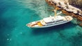 Luxury yacht in azure seas parked in a beautiful blue bay. Motorboat anchored near a beautiful mediterranean island.