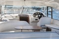 Luxury yacht control wheel and interior of a transport motorboat Royalty Free Stock Photo