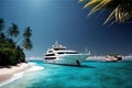 luxury yacht cruising past peaceful tropical beach, with palm trees and crystal-clear water in the background