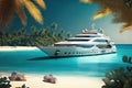 luxury yacht cruising past peaceful tropical beach, with palm trees and crystal-clear water in the background