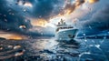 Luxury Yacht Cruising Through Stormy Seas at Sunset Royalty Free Stock Photo