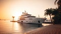 Luxury yacht docked in bay at sunset, expensive boat near tropical shore, generative AI