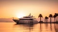 Luxury yacht docked in bay at sunset, expensive boat near tropical shore, generative AI