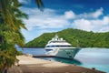 luxury yacht docked at luxury resort with views of the surrounding tropical scenery