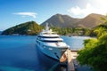 luxury yacht docked at luxury resort with views of the surrounding tropical scenery