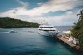 luxury yacht docked at luxury resort with views of the surrounding tropical scenery