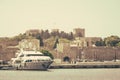 Luxury yacht in the historic Mandraki port in Rhodes, Greece