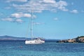 Luxury yacht moored on open sea. Transportation, travel, sport, recreation, leisure activity