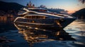 Luxury yacht moored in a picturesque bay in the evening light. A modern megayacht with a beautifully illuminated hull in