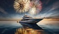 Luxury yacht out at sea watching firework display