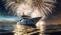 Luxury yacht out at sea watching firework display