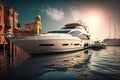 luxury yacht in peaceful harbor, with wooden deck and sunny skies