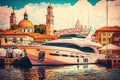 luxury yacht in port, with colorful waterfront buildings and historic landmarks in the background