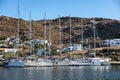 Luxury yacht, sailing boat moored at Mykonos port Greek island, Cyclades, Greece Royalty Free Stock Photo