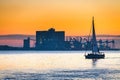 Luxury yacht Sailing on Tagus river at sunset Royalty Free Stock Photo