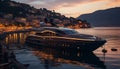 Luxury yacht sails through tranquil twilight, reflecting cityscape beauty generated by AI