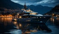 Luxury yacht sails on tranquil water, reflecting cityscape beauty generated by AI