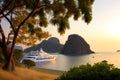 Luxury yacht in sea bay at sunset, expensive motor boat moored in harbor Royalty Free Stock Photo