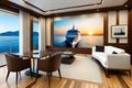 Luxury Yacht In The Sea Painting In The Room. Huge Yacht Travelling On The Sea. Generative AI