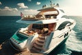 luxury yacht, with sunroofs and deck chairs open for sunny day on the water