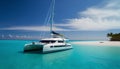 Luxury yacht at tropical beach in Maldives. 3d render Royalty Free Stock Photo