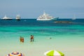 Luxury yacht in turquoise beach of Formentera Illetes AUGUST 21 Royalty Free Stock Photo