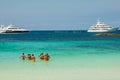 Luxury yacht in turquoise beach of Formentera Illetes AUGUST 21 Royalty Free Stock Photo