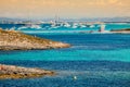 Luxury yacht in turquoise beach of Formentera Illetes AUGUST 21 Royalty Free Stock Photo