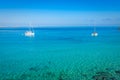 Luxury yacht in turquoise Illetes Formentera mediterranean sea B Royalty Free Stock Photo