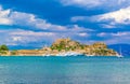 Luxury yachts in Corfu Town Garitsa Bay Greece Old fortress Royalty Free Stock Photo