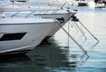 Luxury yachts docked in sea port at sunset. Marine parking of modern motor boats and blue water Royalty Free Stock Photo