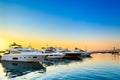 Luxury yachts docked in sea port at sunset. Royalty Free Stock Photo